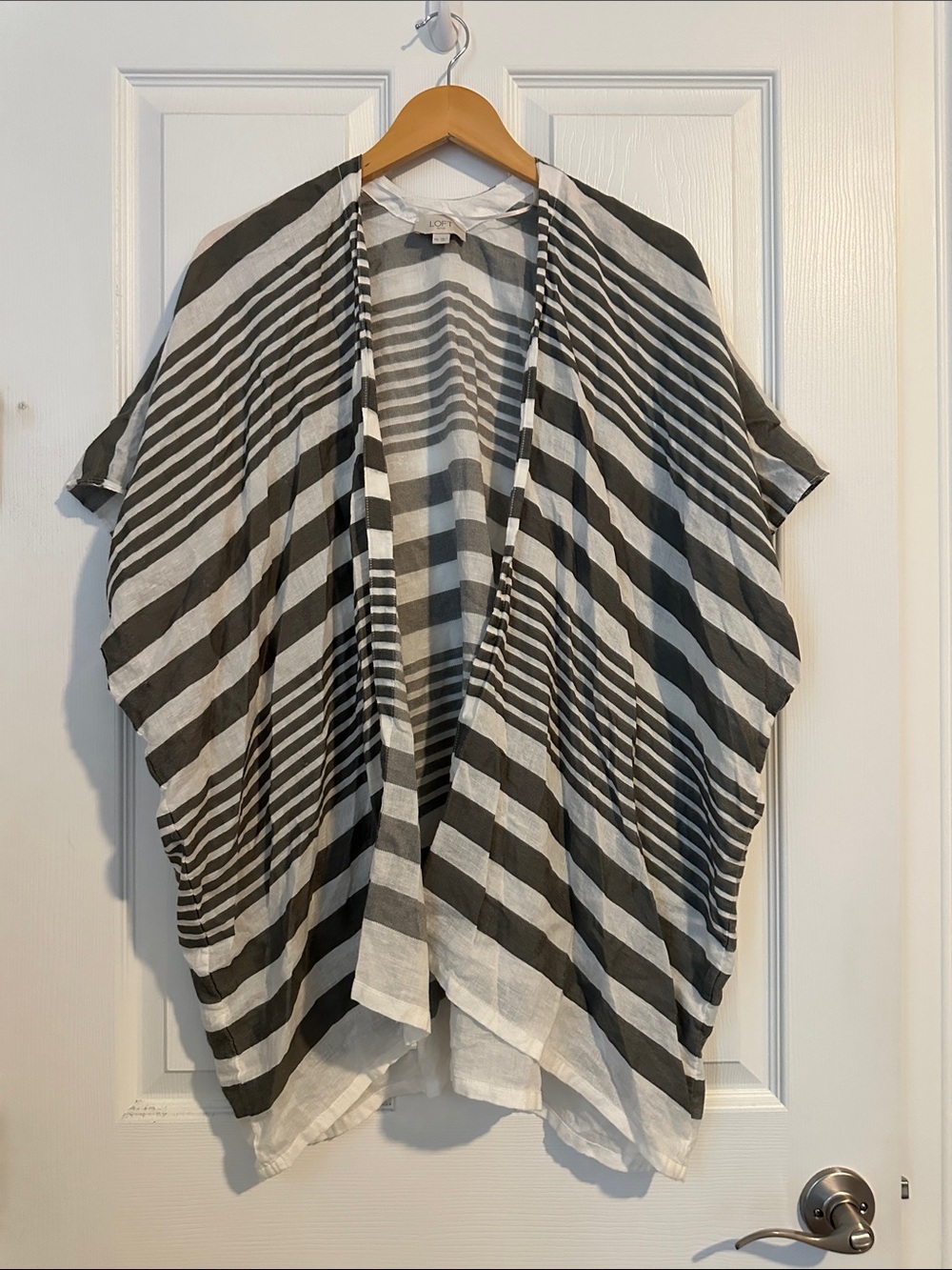 LOFT gray and White Striped Open-Front Kimono